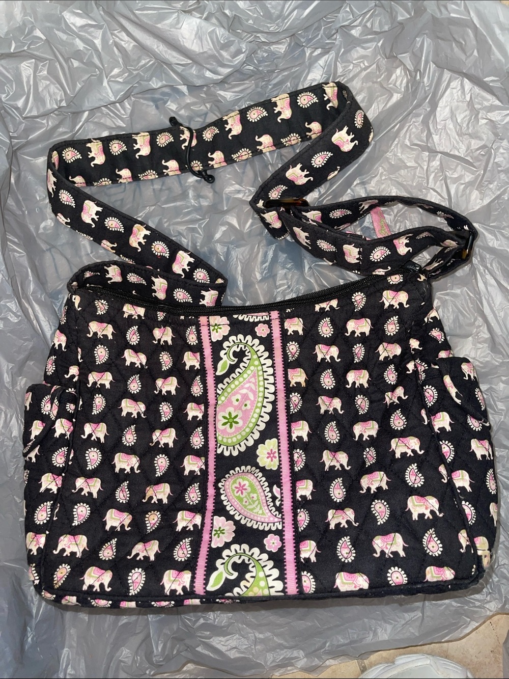 Vera Bradley Pink Elephants Paisley Crossbody Black Pink Green